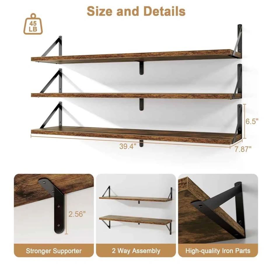 Set of 3 Large 40" Floating Bookshelves, Rustic Brown - photo 2