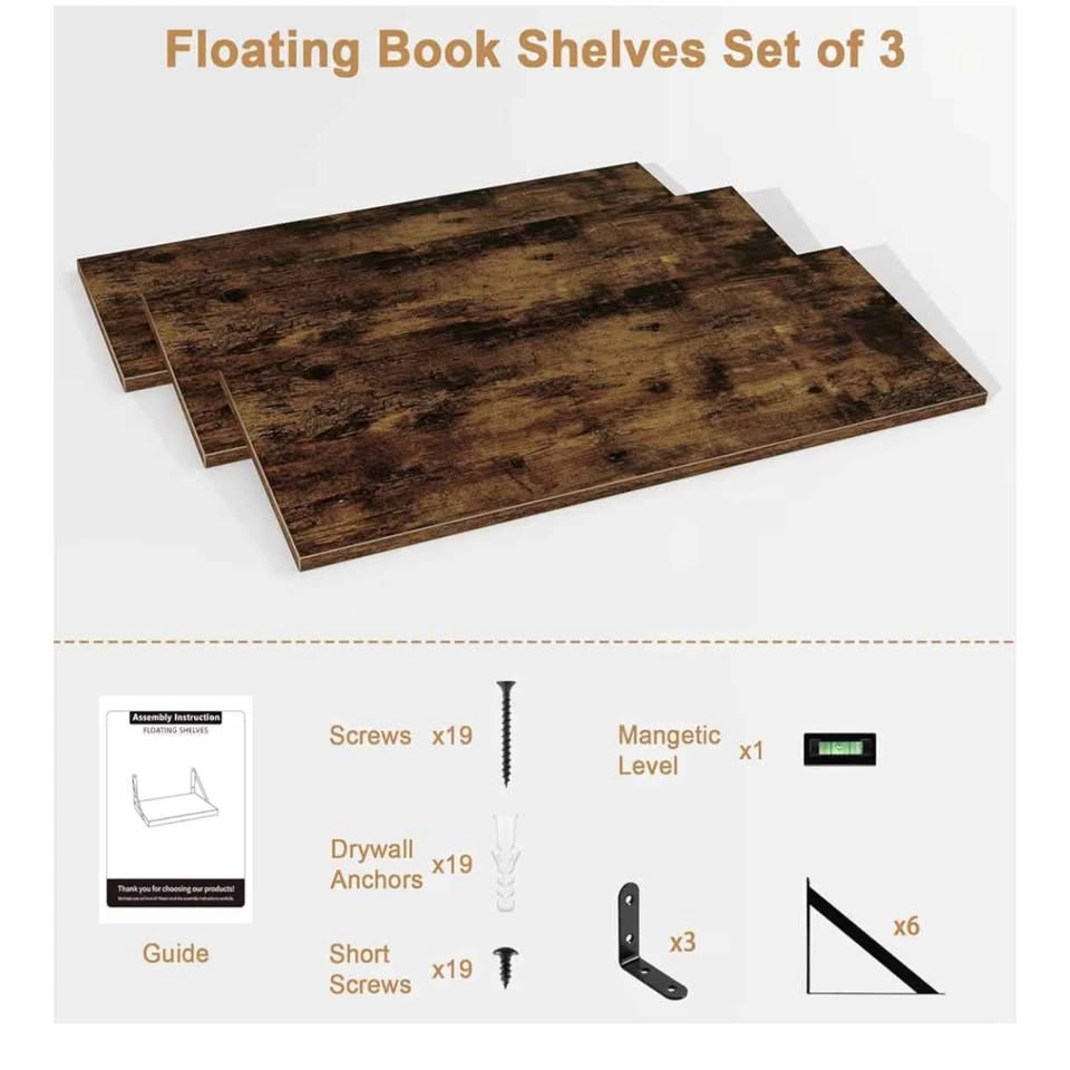 Set of 3 Large 40" Floating Bookshelves, Rustic Brown - photo 3