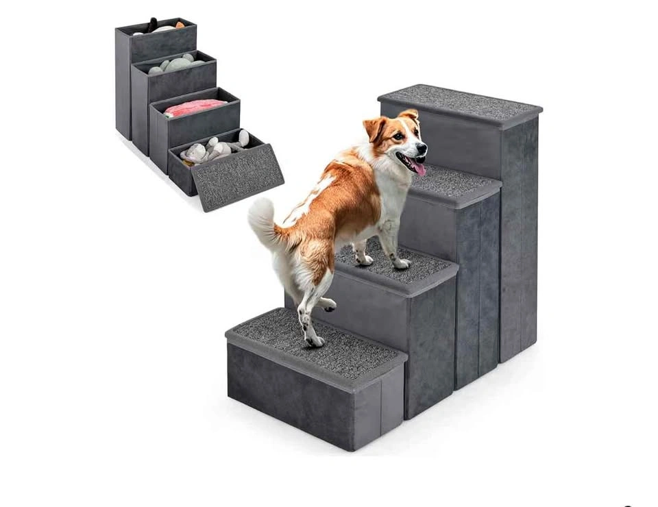 23" H Folding 4-Step Pet Stairs with Storage, Gray