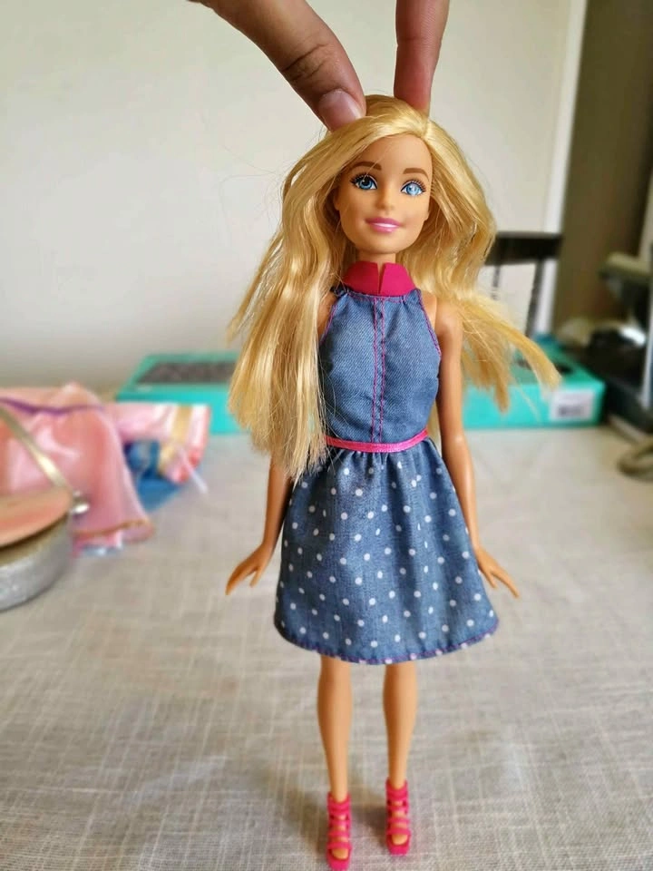 Barbie doll in blue polka dot denim dress