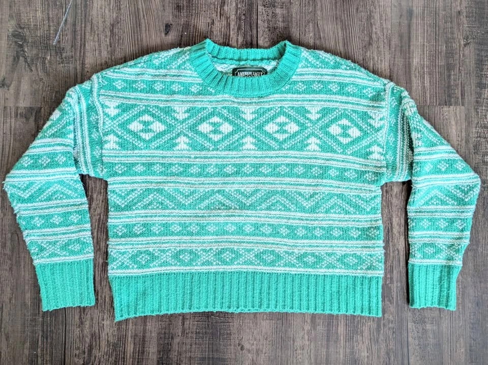 American Eagle Fair Isle Sweater XS Mint Green Cropped Cozy Knit - photo 2