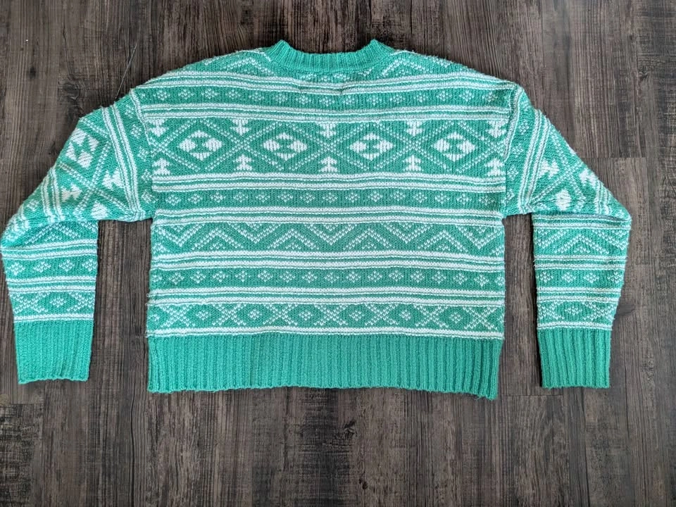 American Eagle Fair Isle Sweater XS Mint Green Cropped Cozy Knit - photo 3