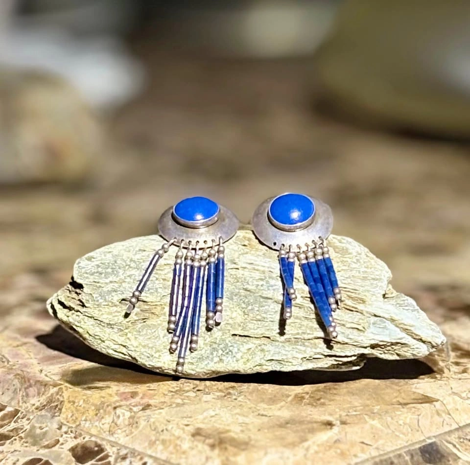 Sterling Silver Blue Stone Fringe Earrings - Vintage Boho