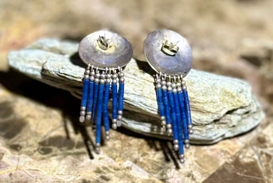 Sterling Silver Blue Stone Fringe Earrings - Vintage Boho - photo 2