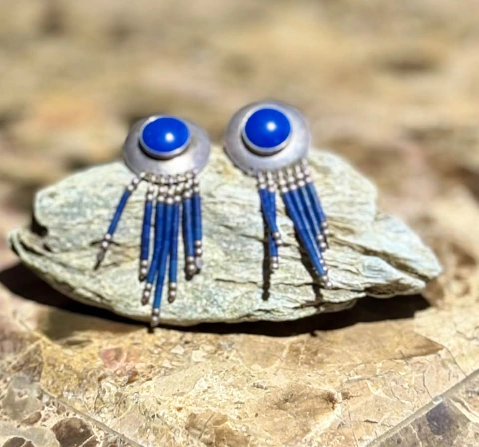 Sterling Silver Blue Stone Fringe Earrings - Vintage Boho - photo 5