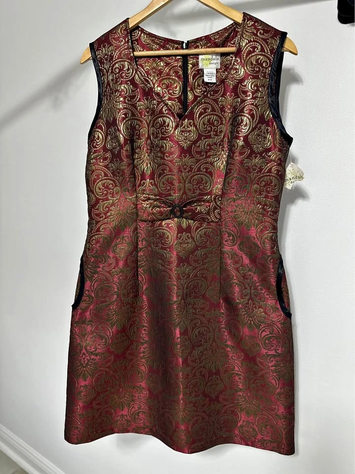 Mandala Design Red Gold Brocade Sleeveless Dress M/L