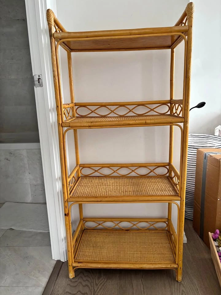 Vintage Rattan and Bamboo 4-Tier Shelf