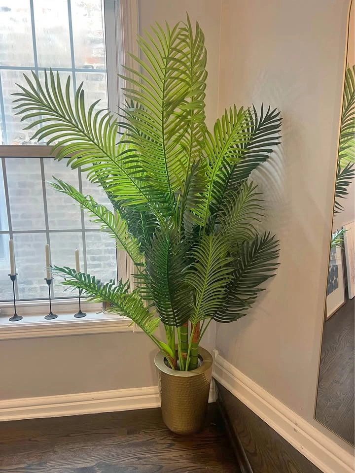 Tall Fake House Plant & Gold Metal Planter