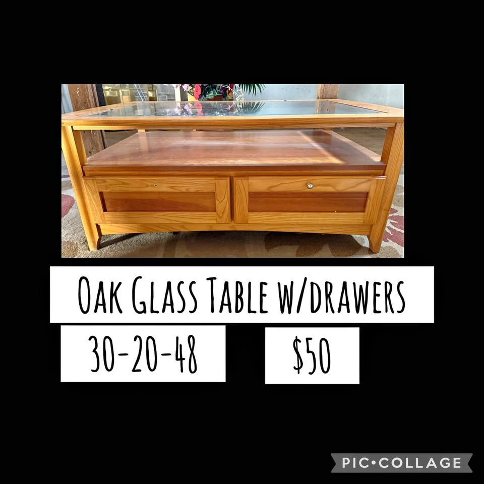 Oak Glass Table w/Drawers