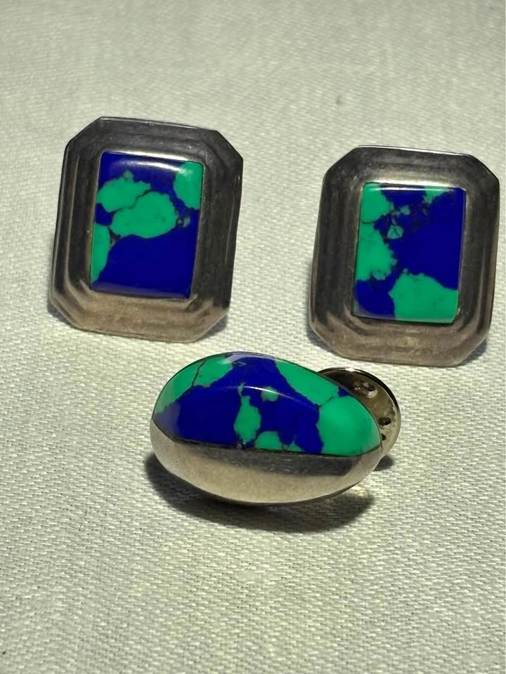 Vintage Sterling Silver Blue Green Stone Brooch & Earrings Set