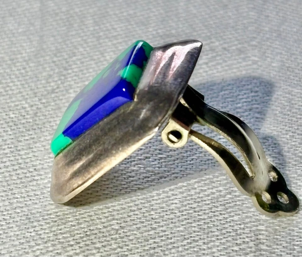 Vintage Sterling Silver Blue Green Stone Brooch & Earrings Set - photo 2