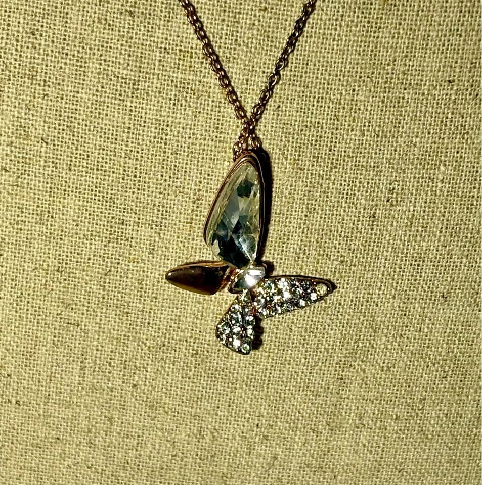 Gold Tone Butterfly Necklace Crystal Pendant Delicate Jewelry