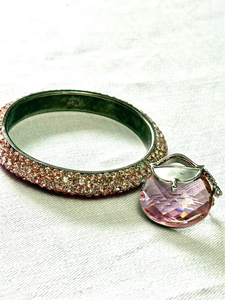 Pink Rhinestone Bracelet & Brooch Set Gift Box Costume Jewelry - photo 2