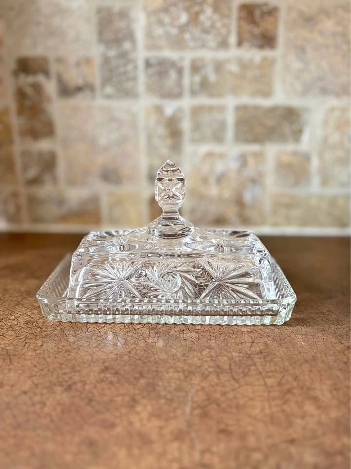 Heavy Cut Glass Butter Dish w Lid Crystal Style Vintage Serving