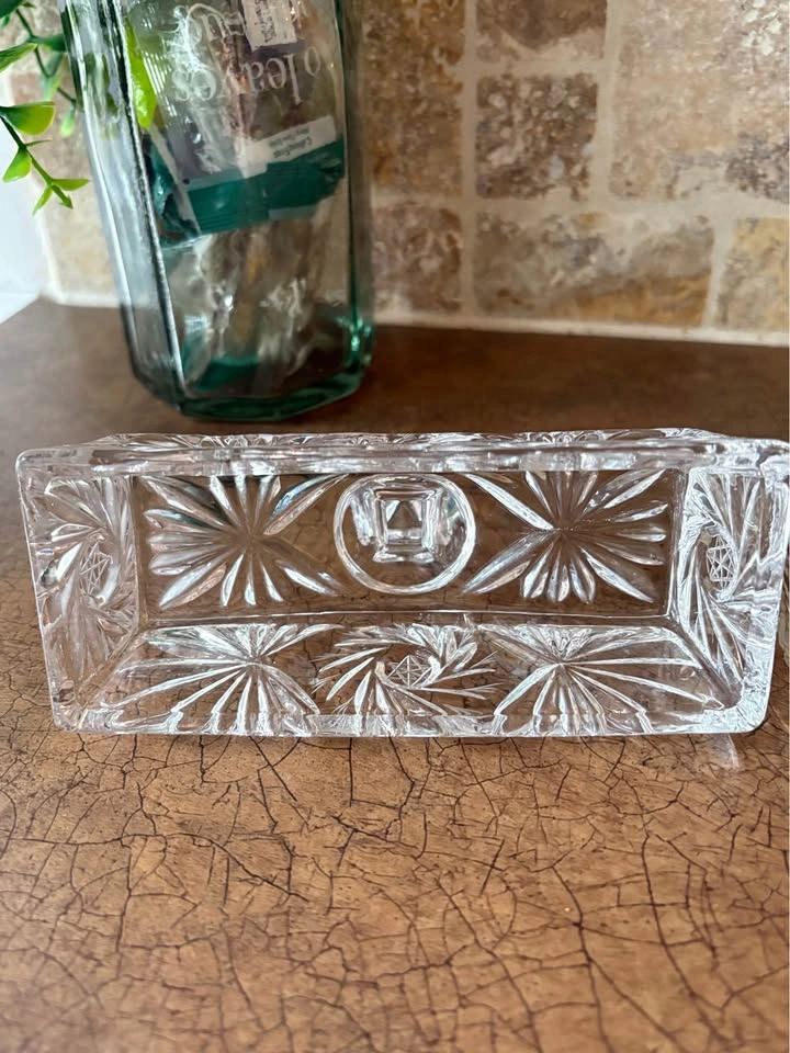 Heavy Cut Glass Butter Dish w Lid Crystal Style Vintage Serving - photo 2