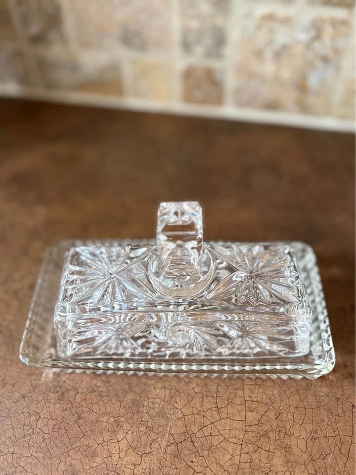 Heavy Cut Glass Butter Dish w Lid Crystal Style Vintage Serving - photo 4