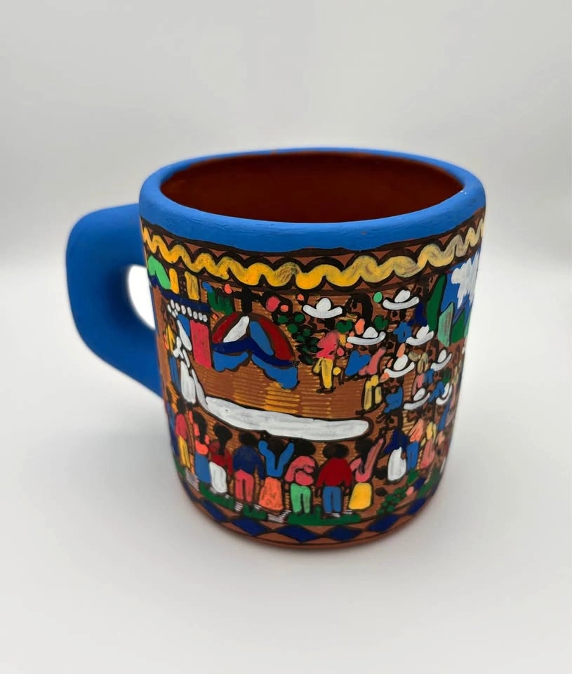 Hand Painted Mexican Folk Art Mug Bullfight Scene Pottery Cup