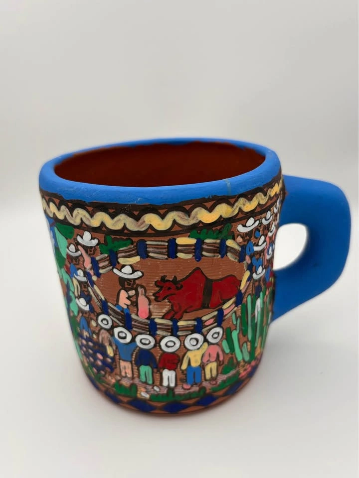 Hand Painted Mexican Folk Art Mug Bullfight Scene Pottery Cup - photo 2