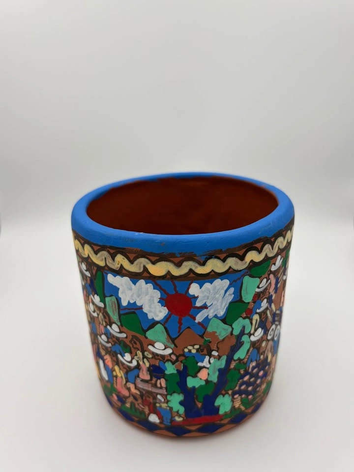 Hand Painted Mexican Folk Art Mug Bullfight Scene Pottery Cup - photo 3