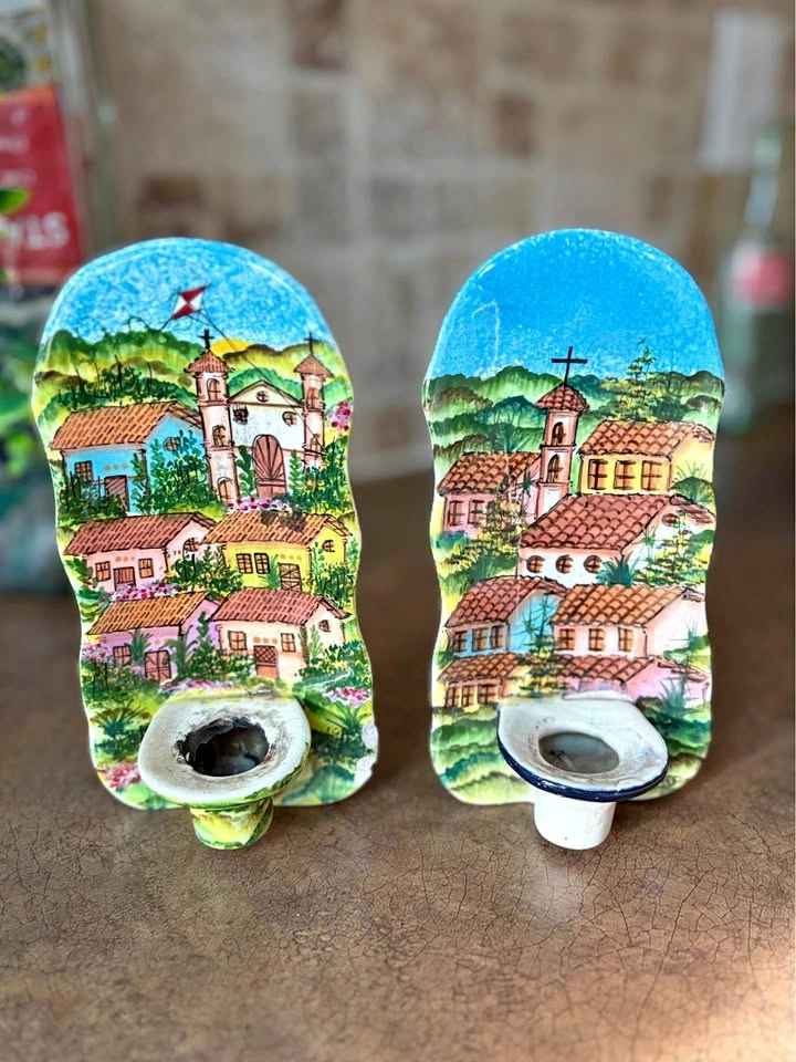 Vintage Costa Rica Hand Painted Candle Holders - Village Scene (