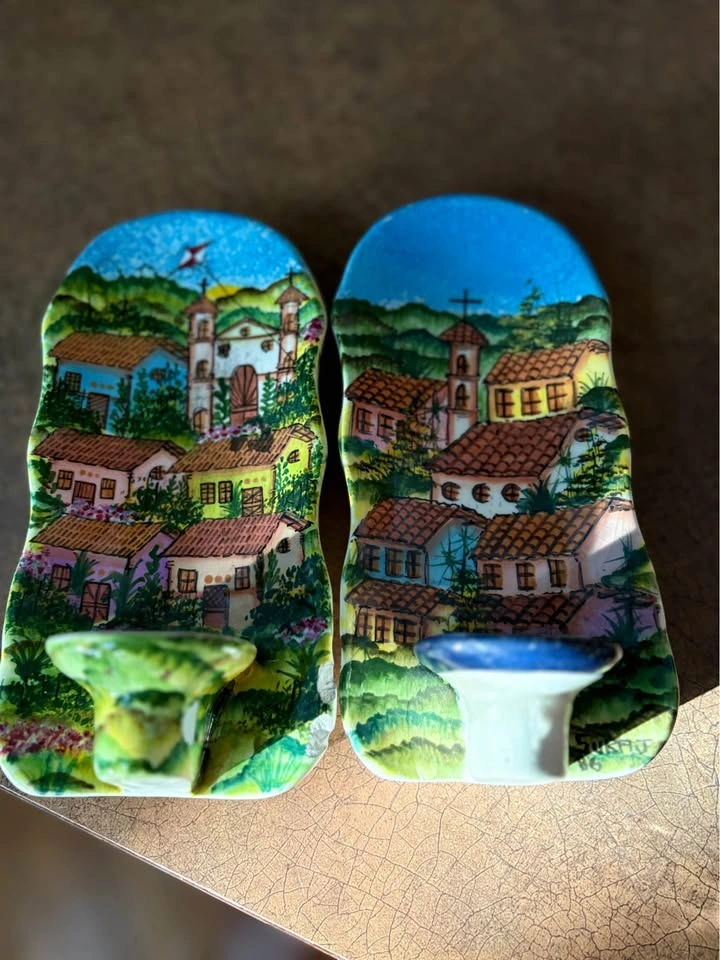 Vintage Costa Rica Hand Painted Candle Holders - Village Scene ( - photo 2