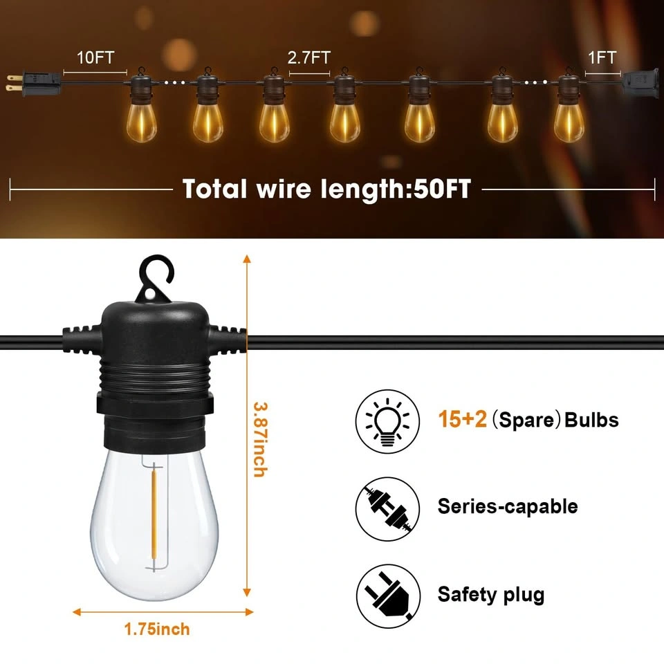 50FT Outdoor LED String Lights 17 S14 Bulbs - photo 2