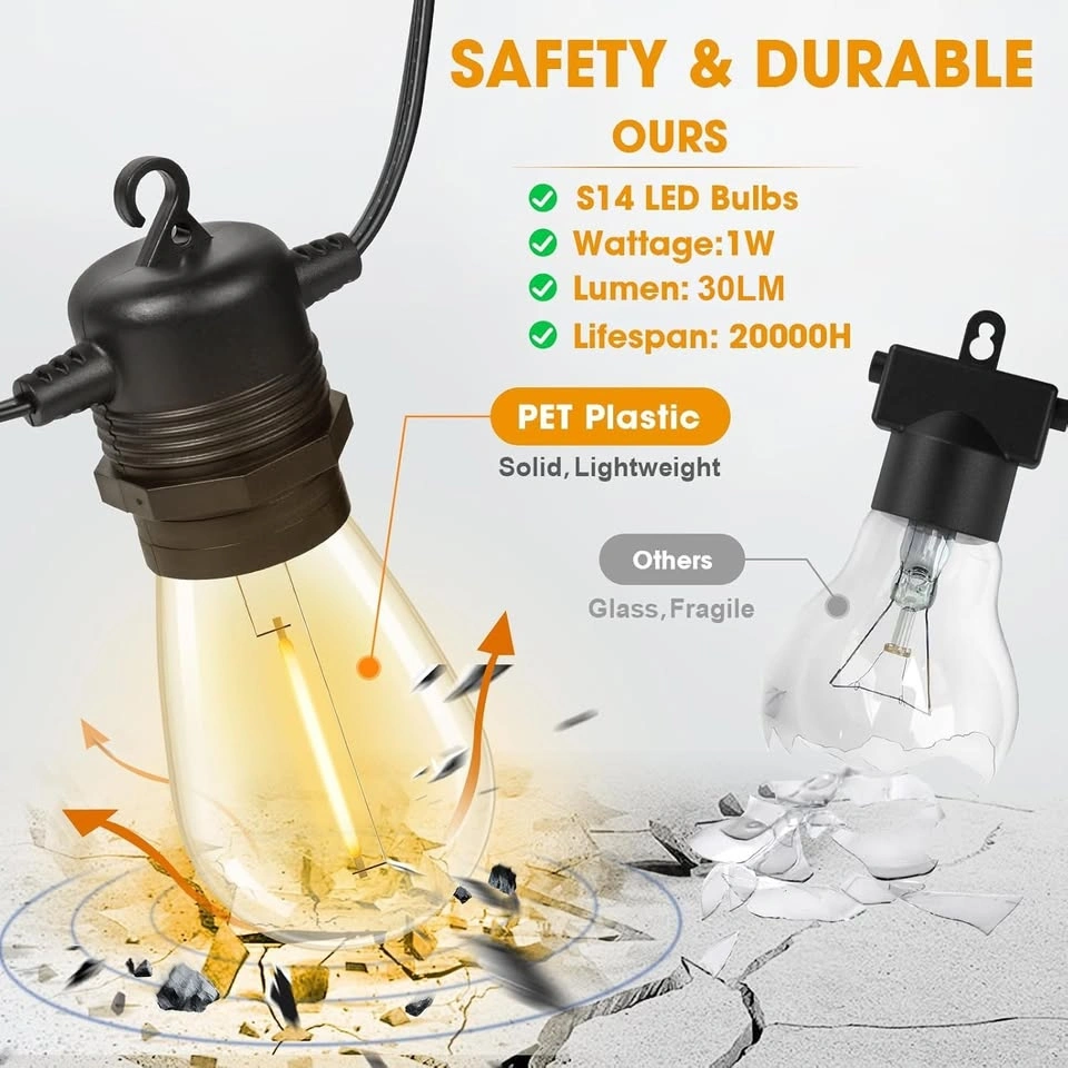 50FT Outdoor LED String Lights 17 S14 Bulbs - photo 3