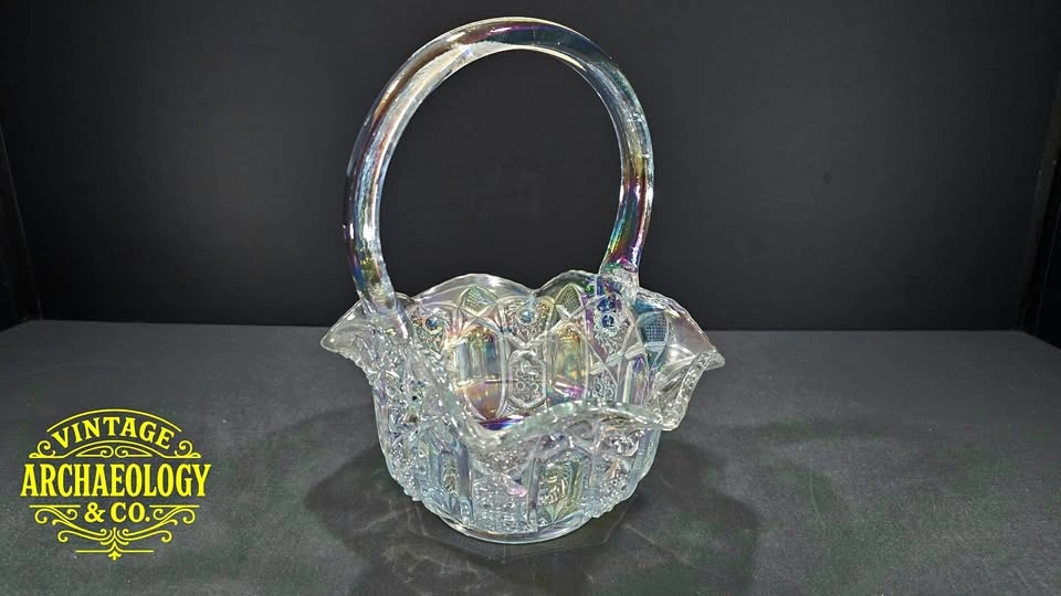 IRIDESCENT PRESSED GLASS BASKET WITH APPLIED HANDLE