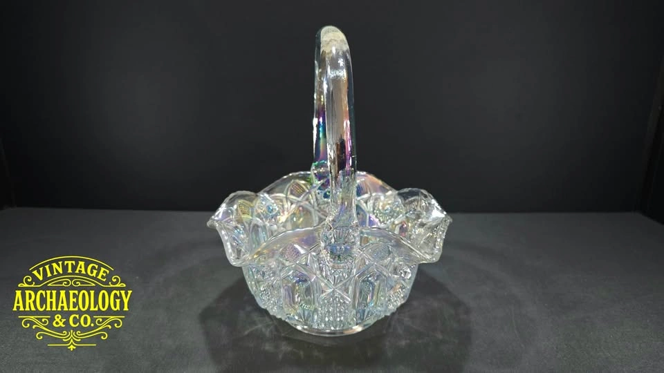 IRIDESCENT PRESSED GLASS BASKET WITH APPLIED HANDLE - photo 2