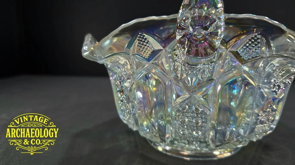 IRIDESCENT PRESSED GLASS BASKET WITH APPLIED HANDLE - photo 5