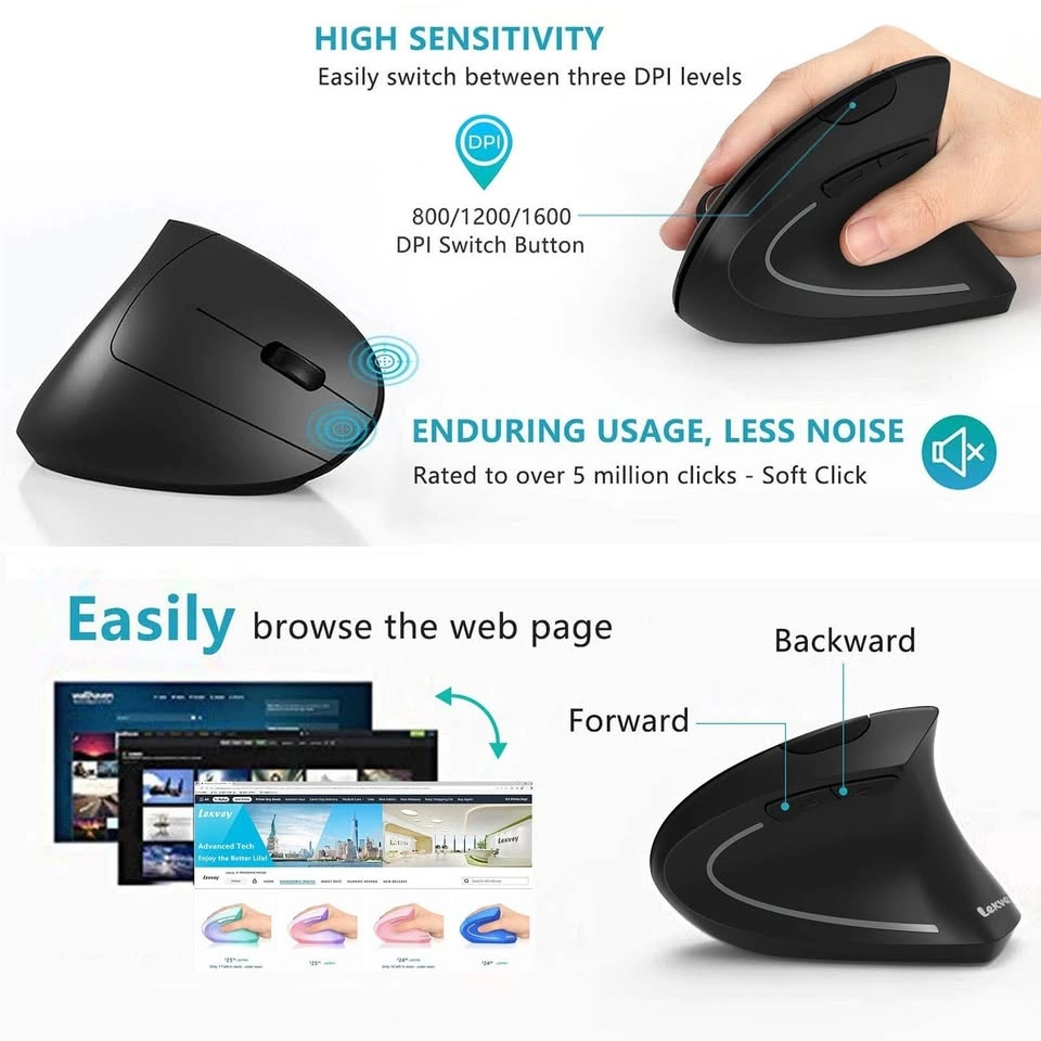 Lexvey Black Ergonomic Vertical Wireless Mouse Rechargeable - photo 5