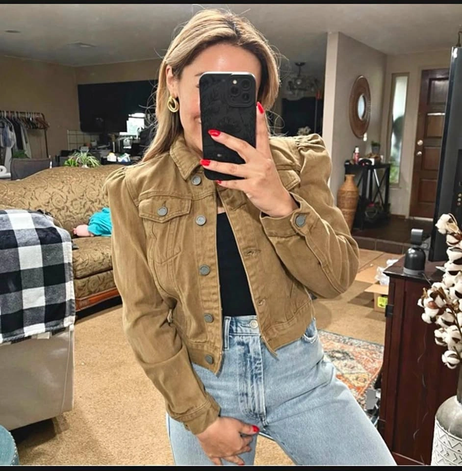 BlankNYC Women's Khaki Puff Sleeve Denim Jacket