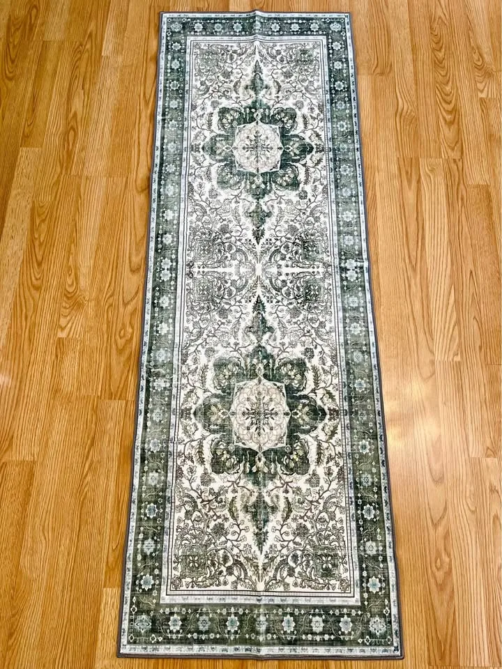 🥕 2x6 Hallway Runner Rug – Green/Floral Soft Distressed Rug thumbnail