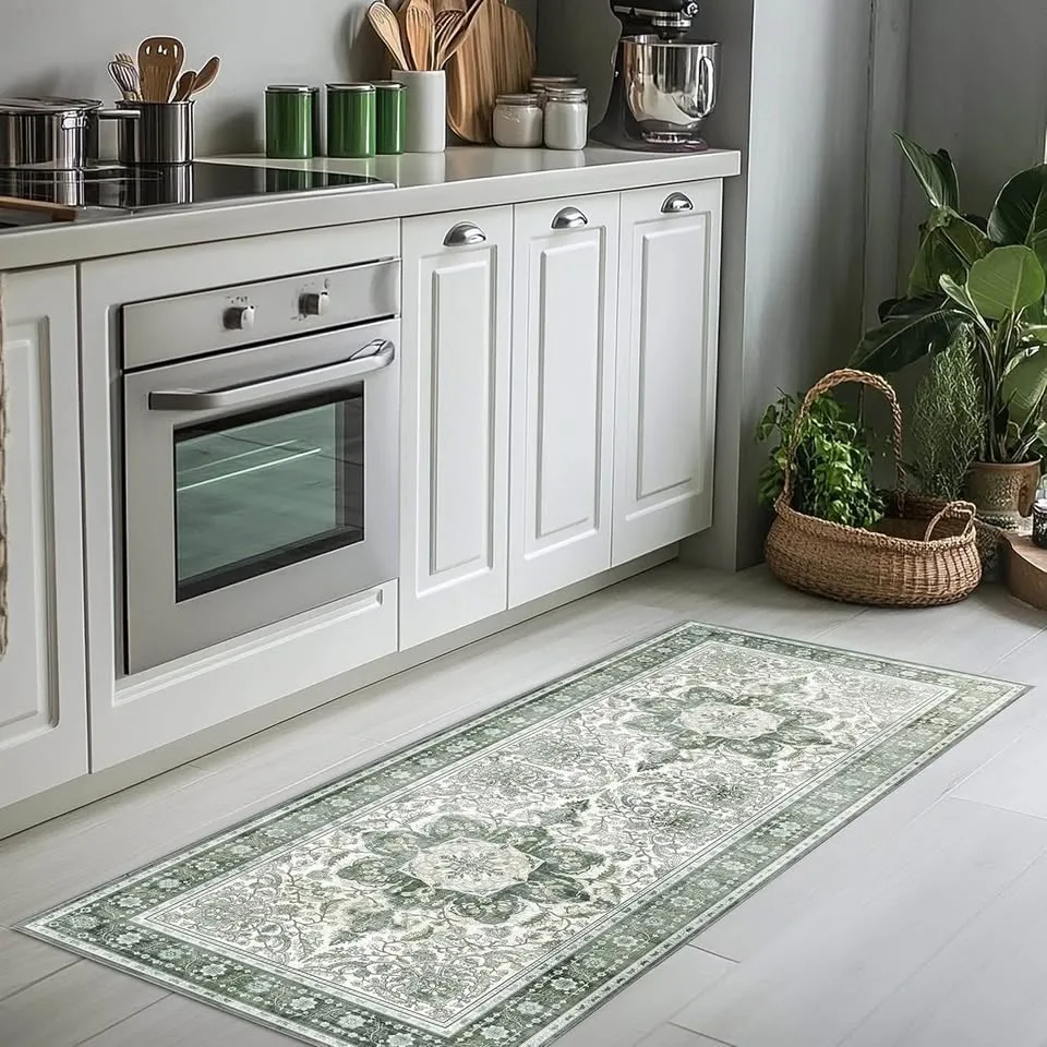 🥕 2x6 Hallway Runner Rug – Green/Floral Soft Distressed Rug image indicator(6)