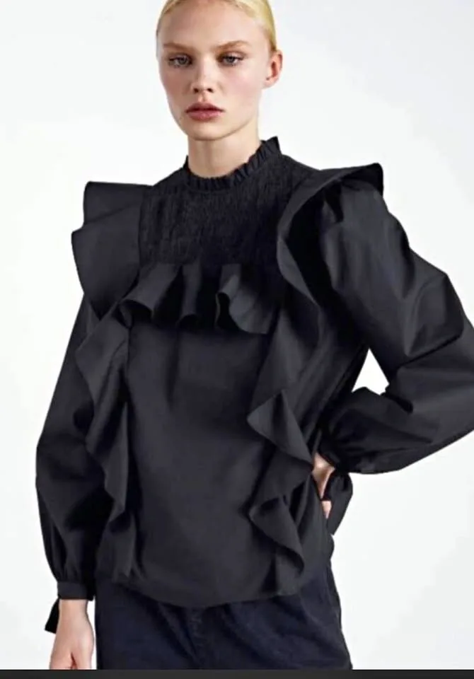 Zara Black Ruffled Poplin Shirt