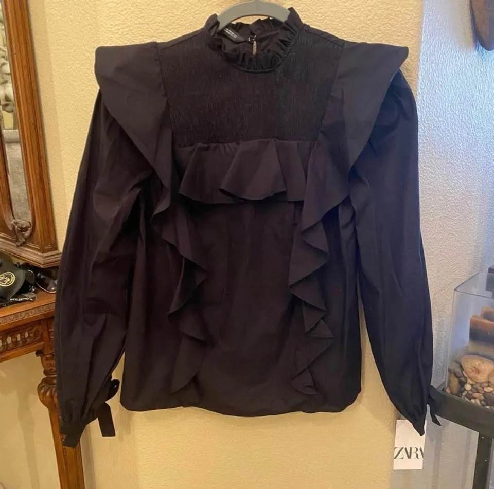 Zara Black Ruffled Poplin Shirt - photo 3