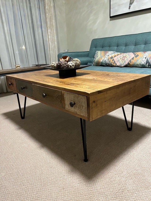 Rustic Mid-Century Modern Coffee Table with 4 Drawers