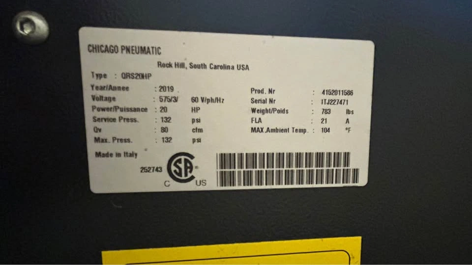 Chicago Pneumatic QRS20HP 20HP Rotary Screw Compressor (2019) + - photo 5