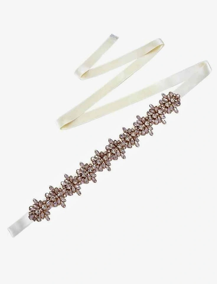 Crystal Bridal Belt Sash - Rose Gold Floral Applique