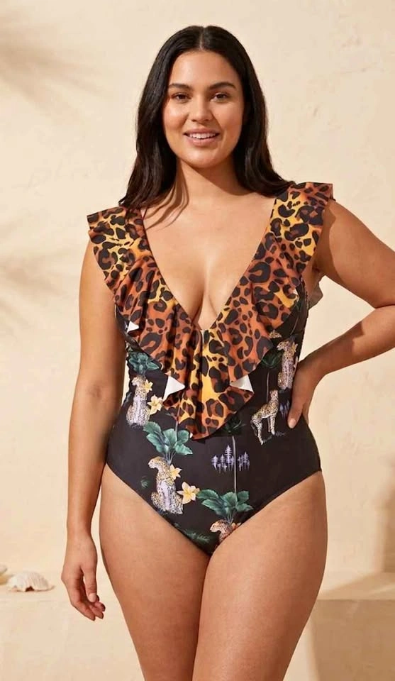 Sporlike Leopard & Tropical Floral Ruffle One-Piece Swimsuit - N