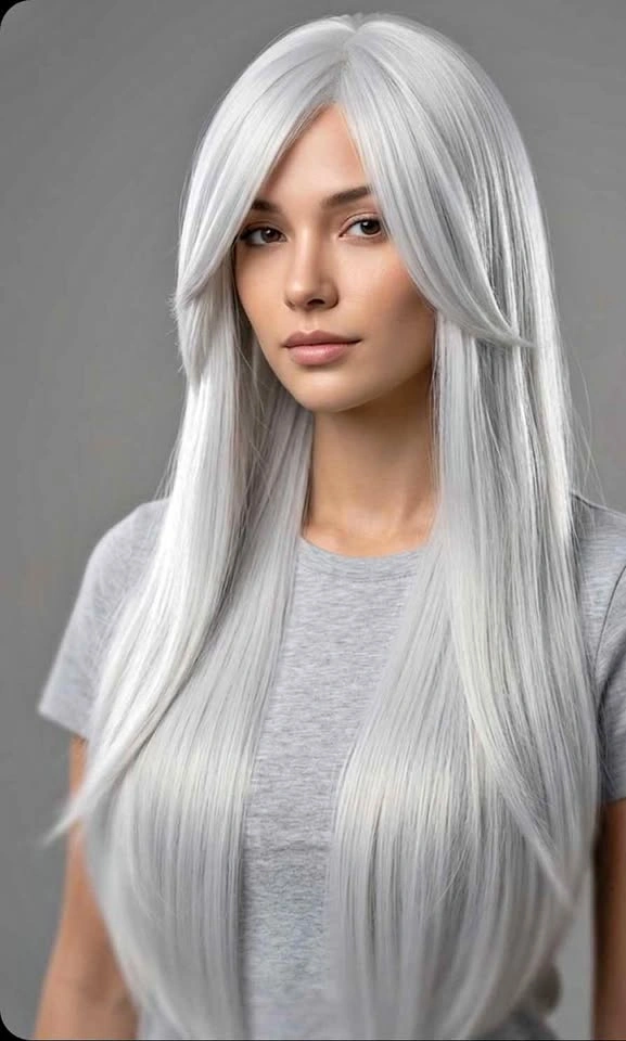 Long Silver White Wig with Bangs – High Quality Heat Resistant