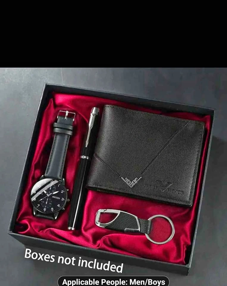 Men's Stylish Gift Set - Black Faux Leather Watch, Pen, Keychain