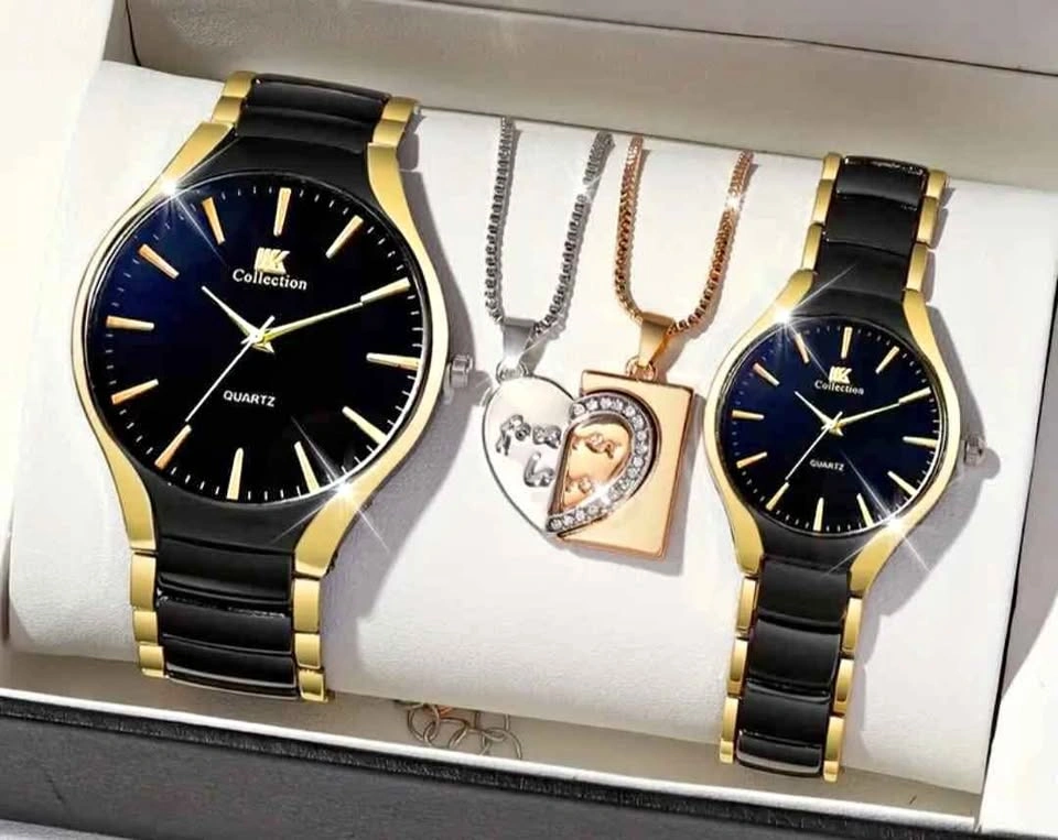 Elegant Couple Quartz Watch Set with Magnetic Theme Necklace, Si