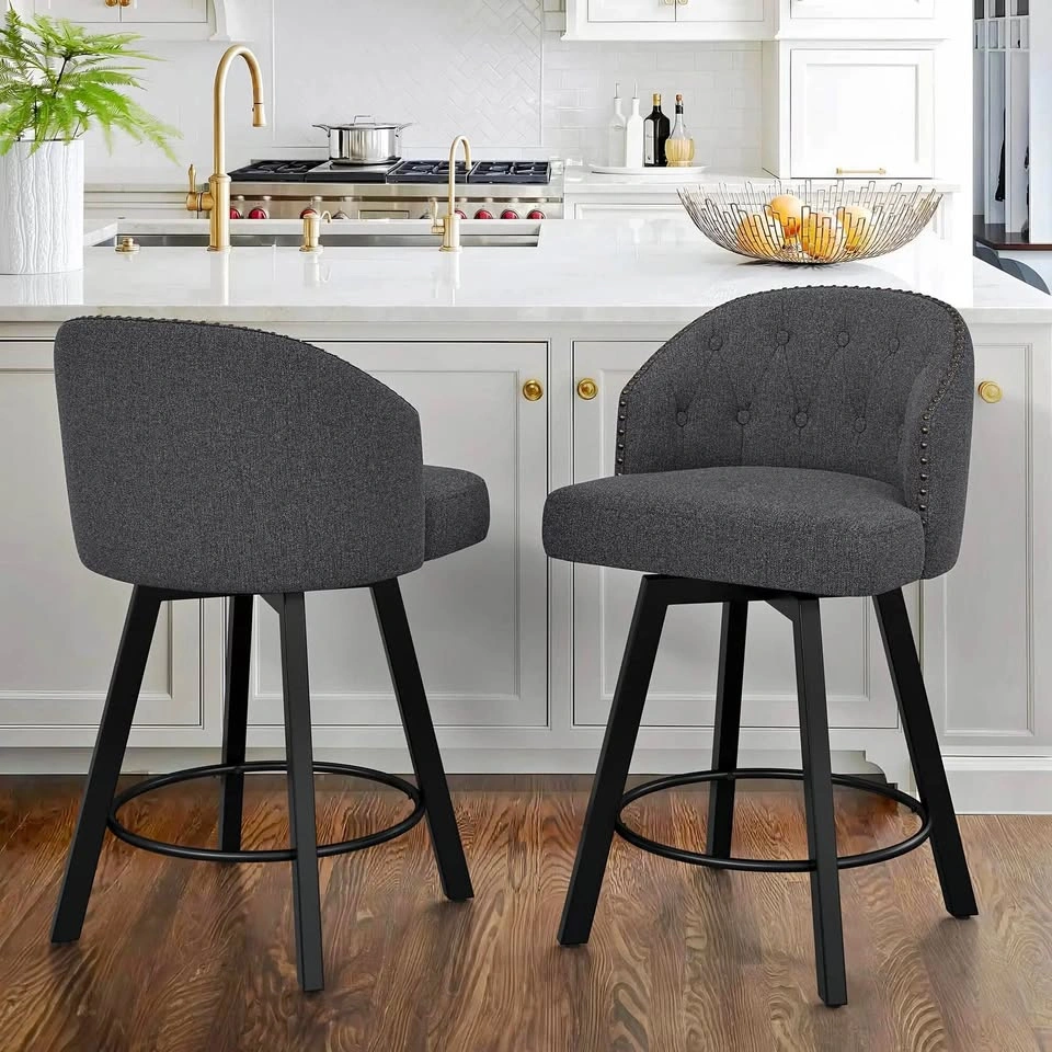 Swivel Counter Stool with Nailhead Trim – Dark Grey, 360° Swivel