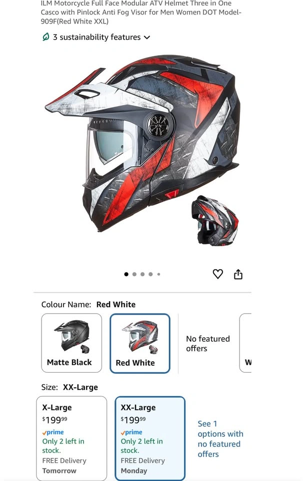 ILM Modular Full Face Motorcycle Helmet 909F – XXL Red/White (Br - photo 2