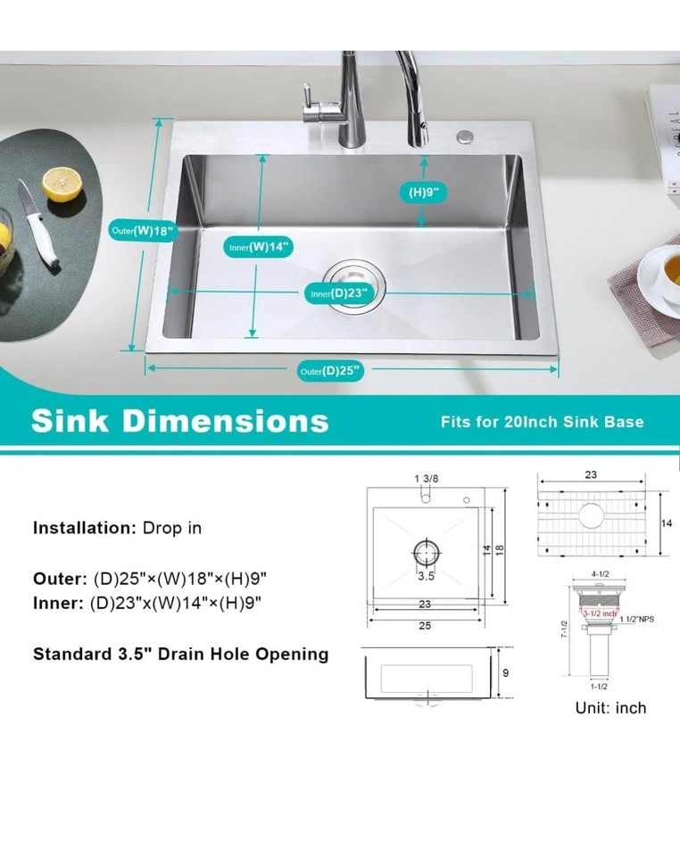 25" Drop-In Kitchen Sink - 18 Gauge Stainless Steel - photo 5
