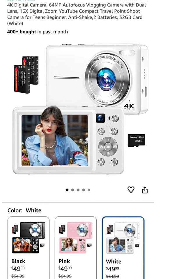 4K Digital Camera with 32GB Card & 2 Batteries (White)