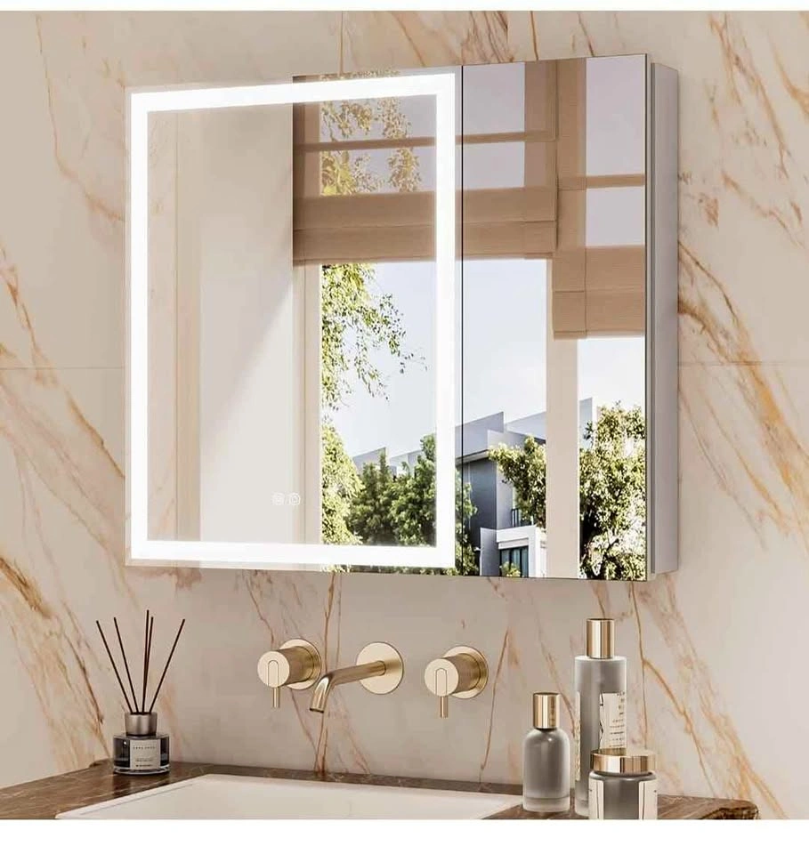 32x24 LED Medicine Cabinet with Mirror - Silver Aluminum