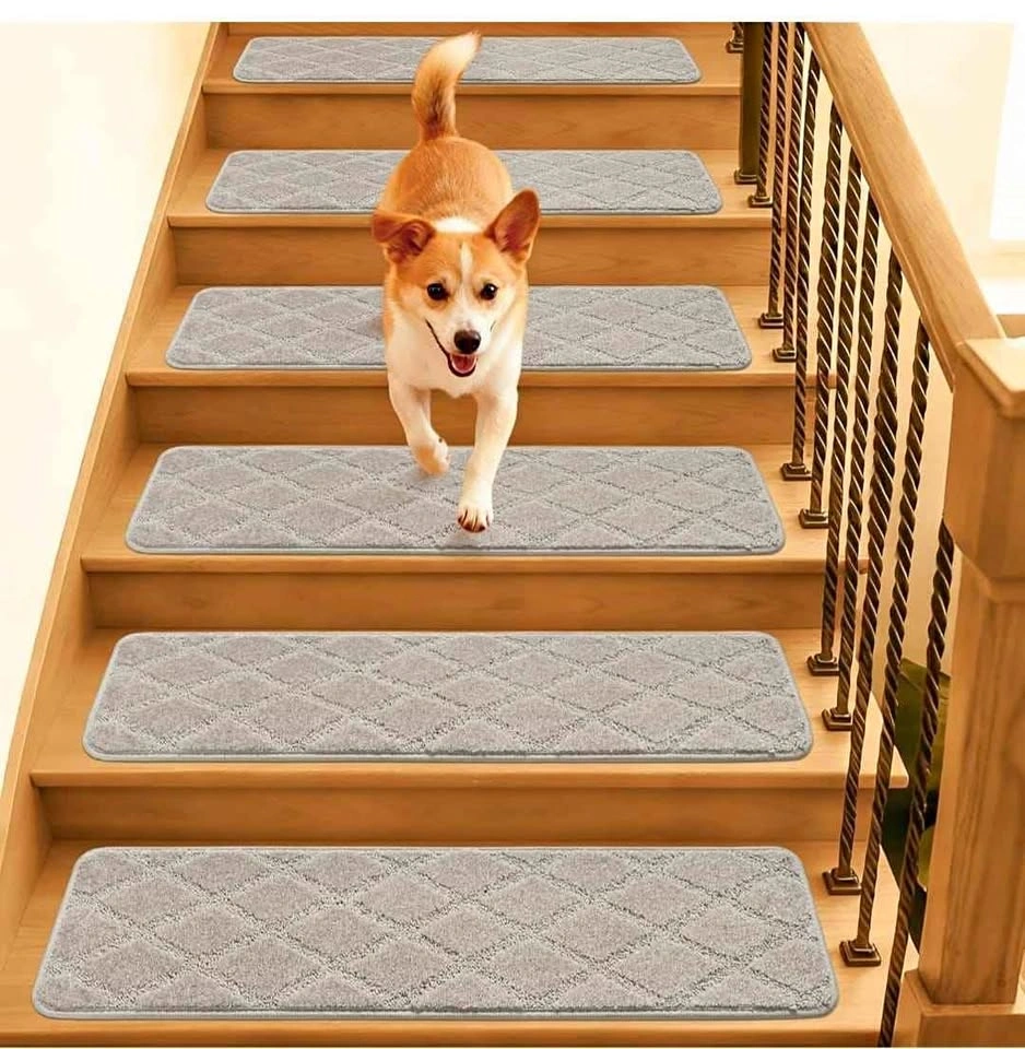 14 Pcs Non Slip Stair Treads Carpet 9"x32" - Beige Grey