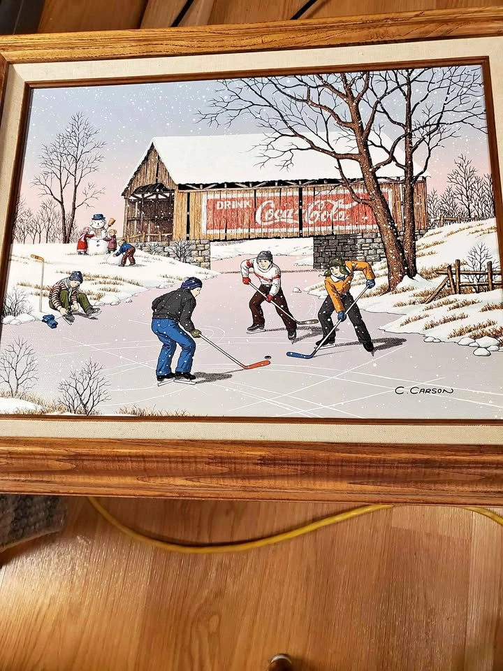 Wintery Hockey Scene with Coke-Cola Bridge Oil Painting